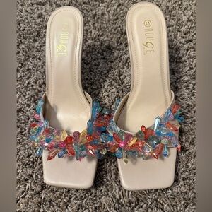Size 10 Rouge Helium Beige Heels with Multicolor Embellishments
